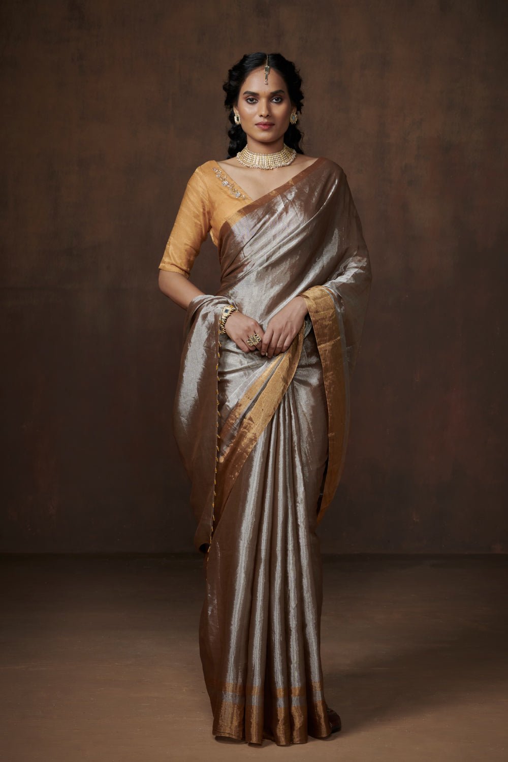Metallic Gold Pure Tissue Silk Saree - Mirra Clothing