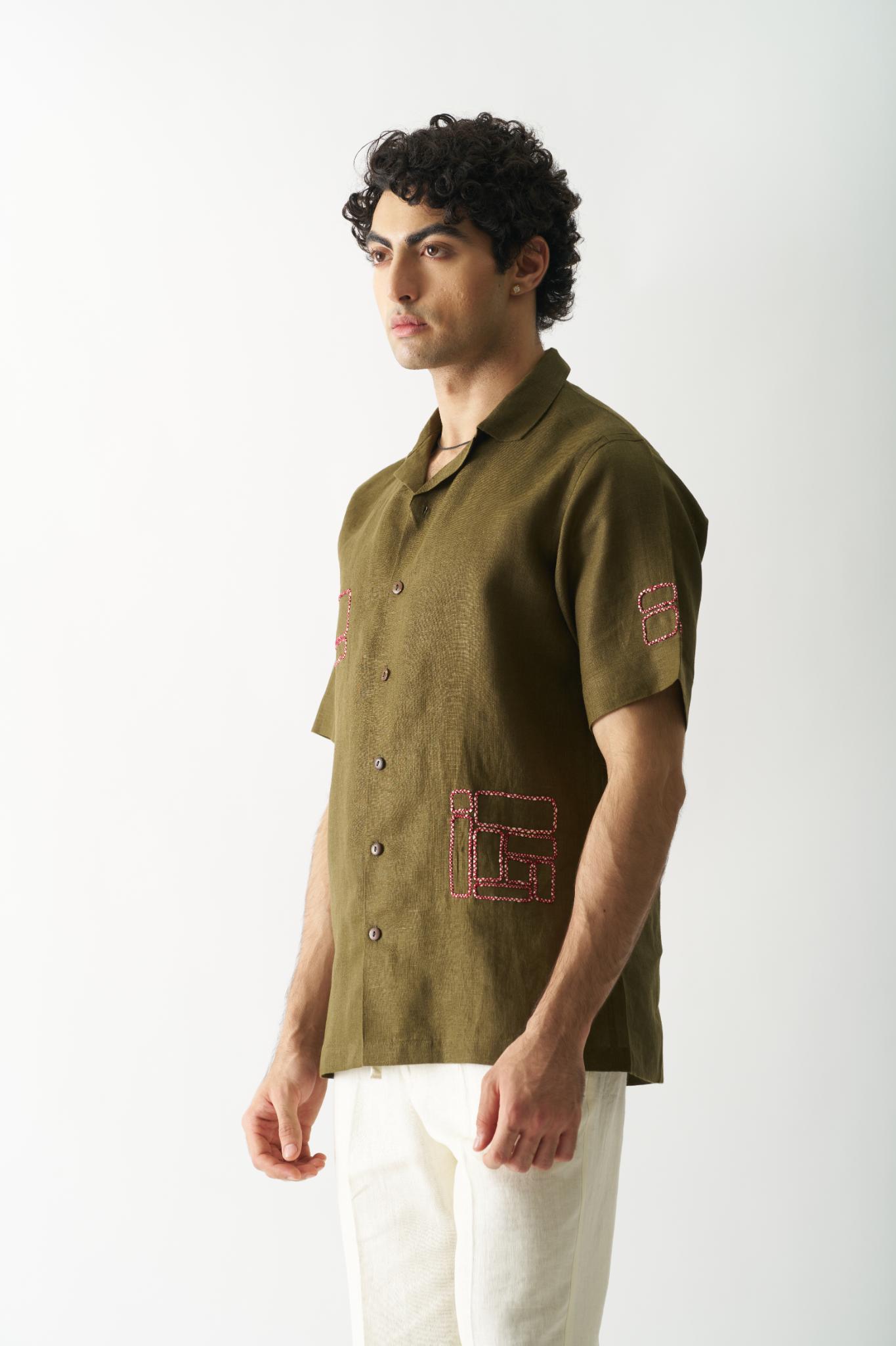 Mossy Mosaic - Mens Hand Embroidered Pure Linen Shirt - CiceroniShirtsCultura Studio