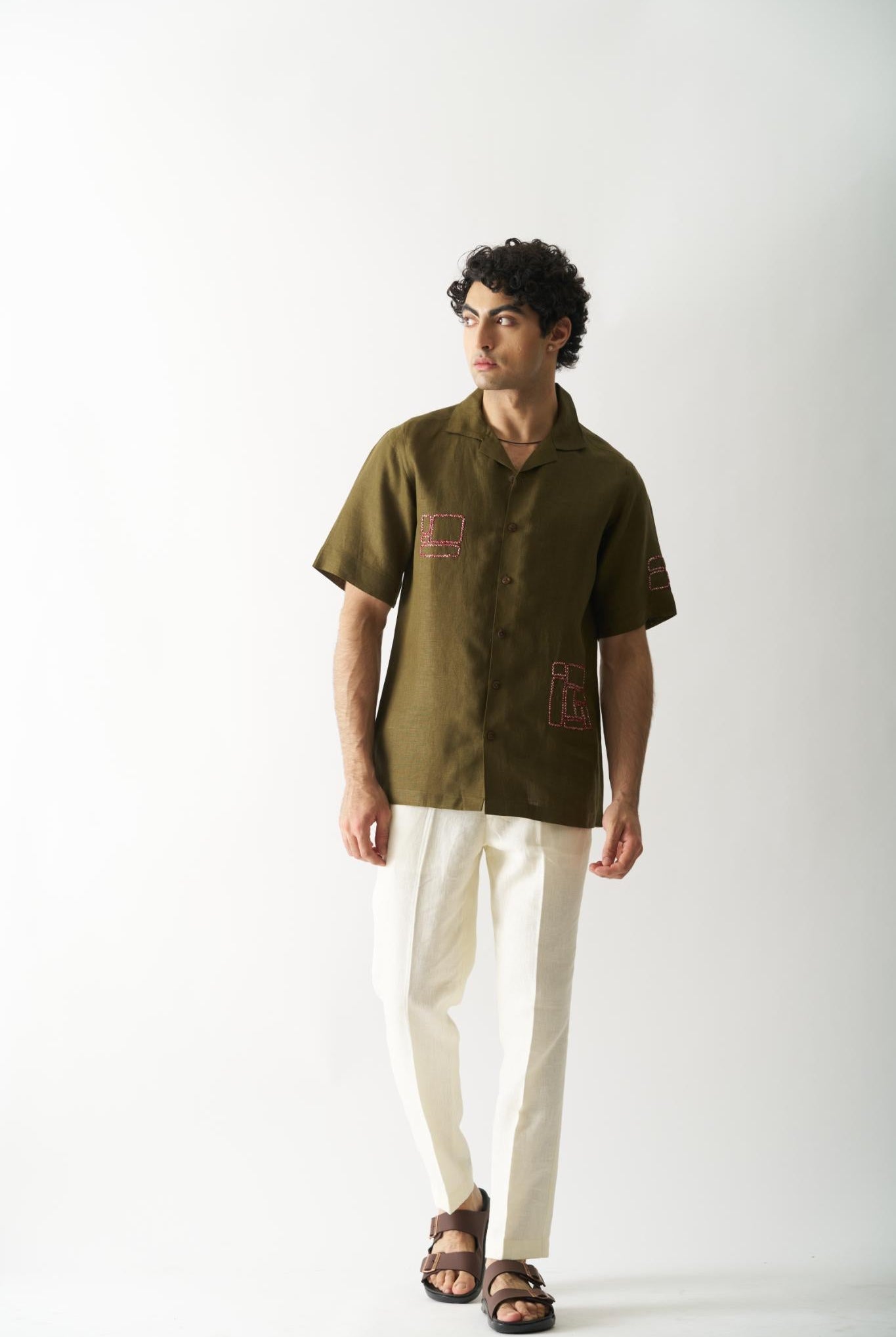 Mossy Mosaic - Mens Hand Embroidered Pure Linen Shirt - CiceroniShirtsCultura Studio