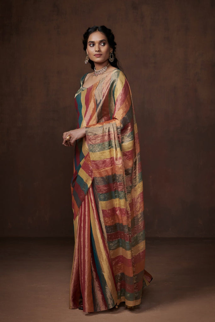 Multi-Coloured Zari Chanderi Tissue Saree: Festive charm. - CiceroniSareeDressfolk