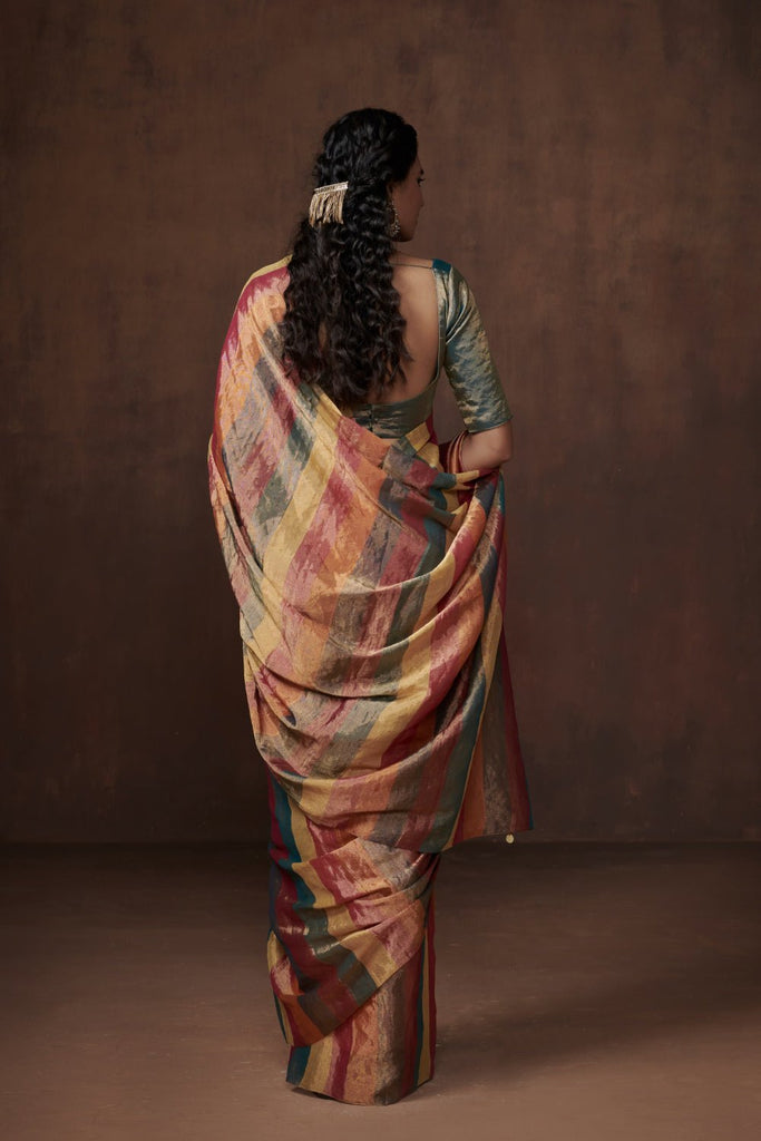 Multi-Coloured Zari Chanderi Tissue Saree: Festive charm. - CiceroniSareeDressfolk