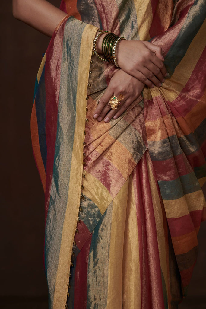 Multi-Coloured Zari Chanderi Tissue Saree: Festive charm. - CiceroniSareeDressfolk