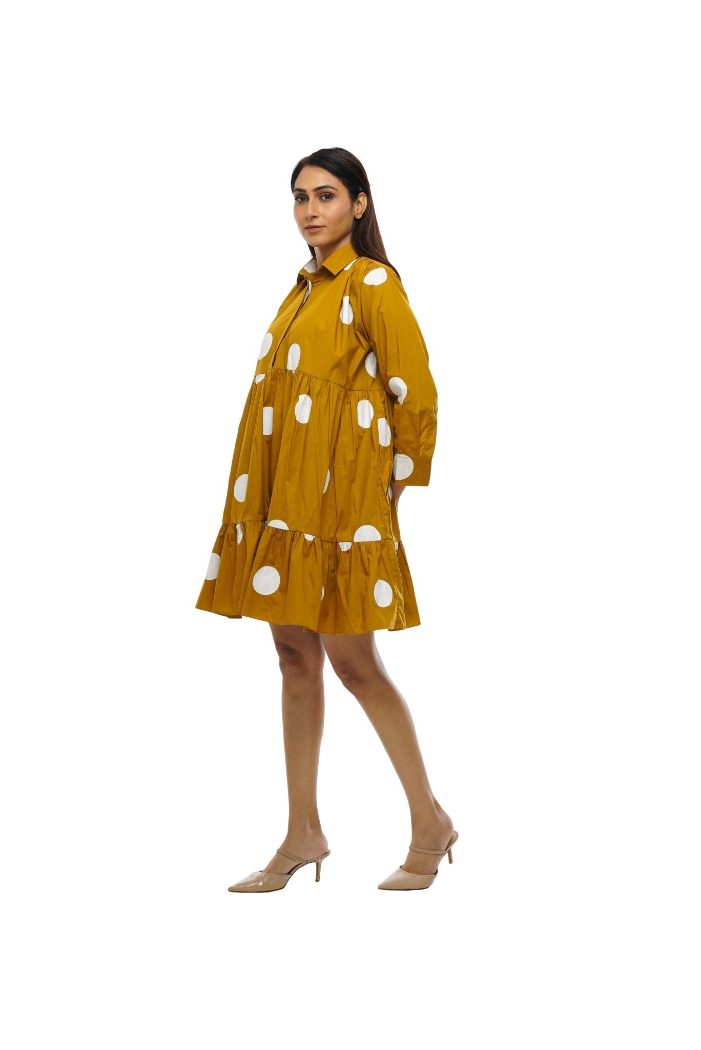 Mustard bright white polka Shirt Dress - CiceroniDressesKhat
