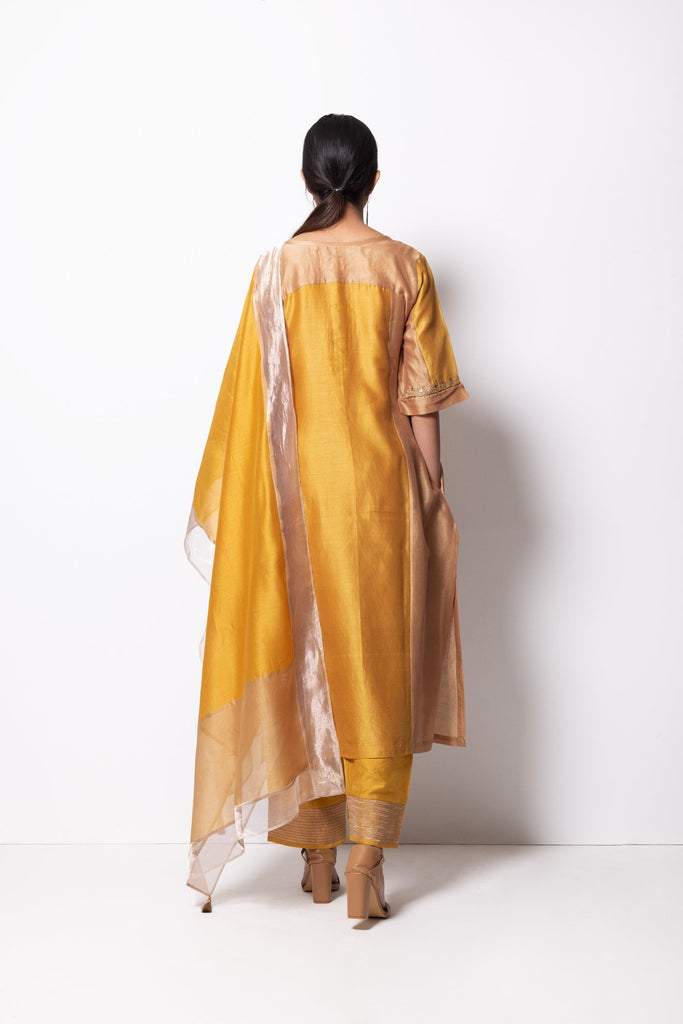 Mustard Chanderi Silk Kurta Set with Dupatta - CiceroniBhavik Shah