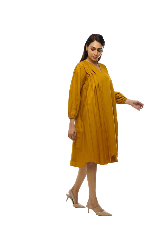 Mustard V-neck pleated dress - CiceroniDressesKhat