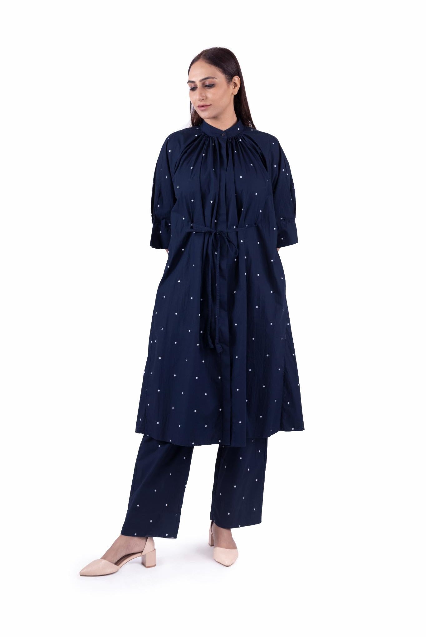 Navy Blue Dot print Pleated Dress Co-ord Set - CiceroniCo-ord SetKhat