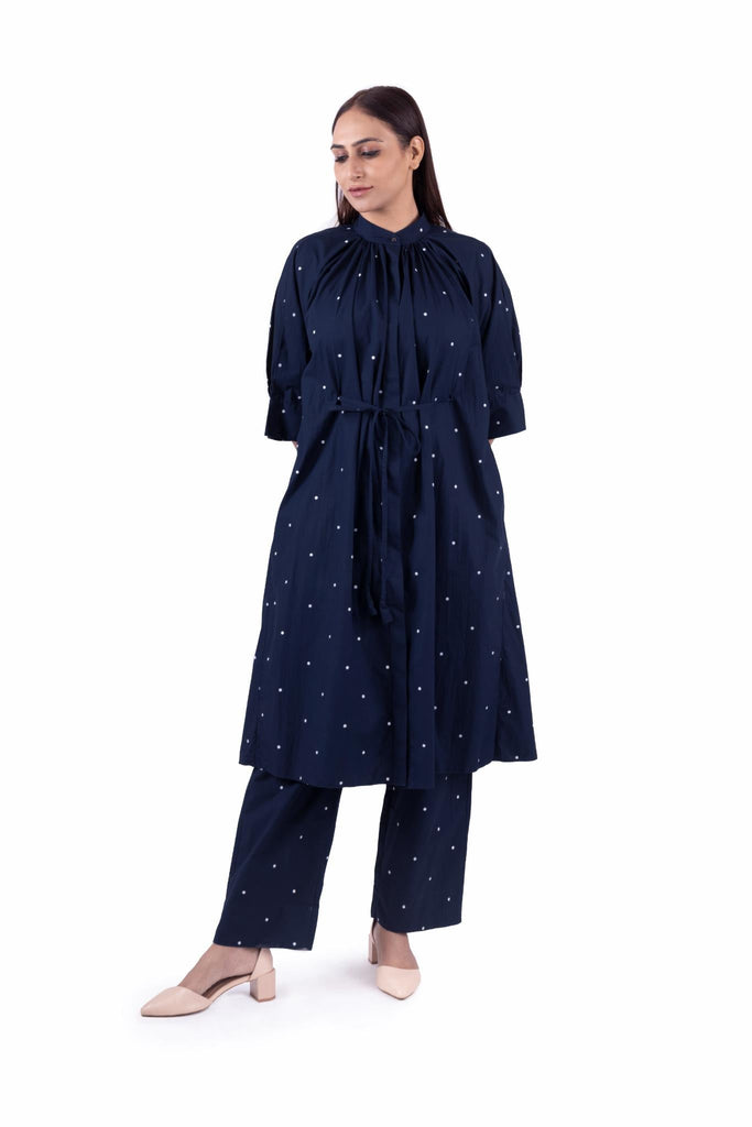 Navy Blue Dot print Pleated Dress Co-ord Set - CiceroniCo-ord SetKhat