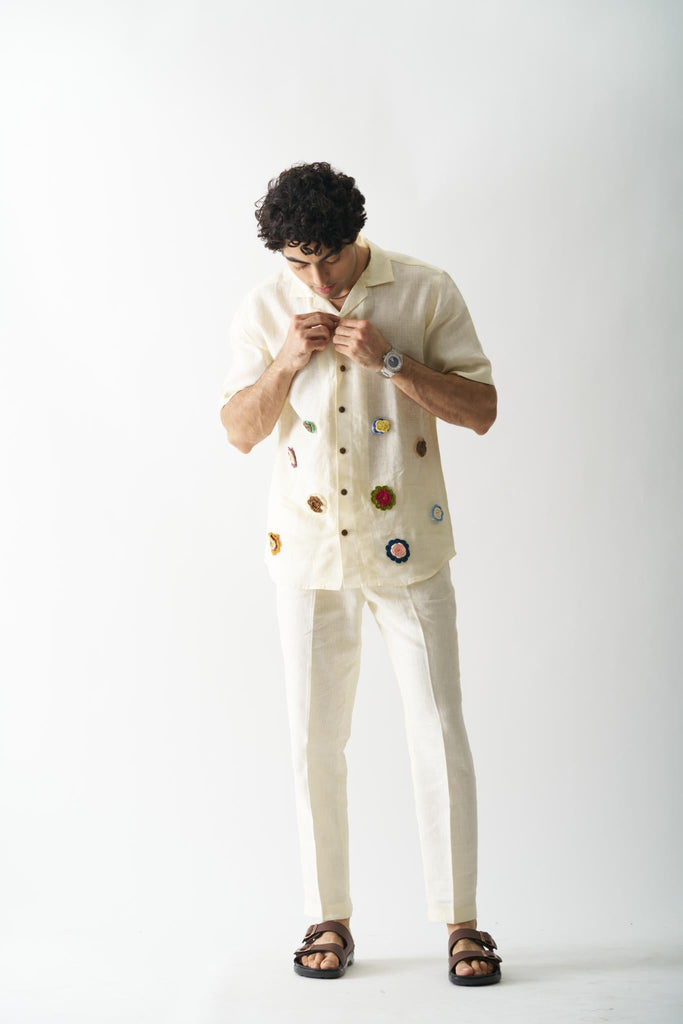 Off-white Petals - Mens Hand Embroidered Pure Linen Shirt - CiceroniShirtsCultura Studio