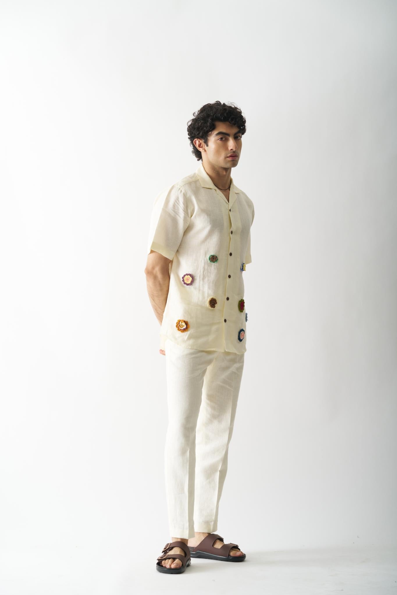 Off-white Petals - Mens Hand Embroidered Pure Linen Shirt - CiceroniShirtsCultura Studio