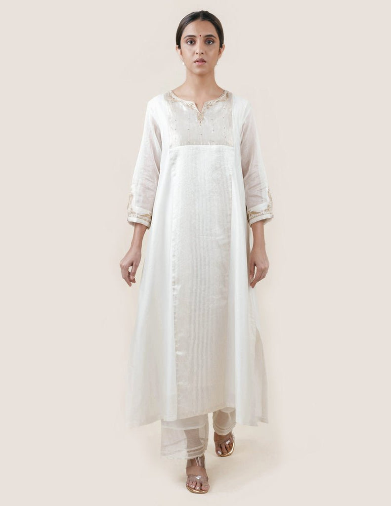 Off White Tissue Stripes/Chanderi Silk - A-line Kurta Set - CiceroniBhavik Shah