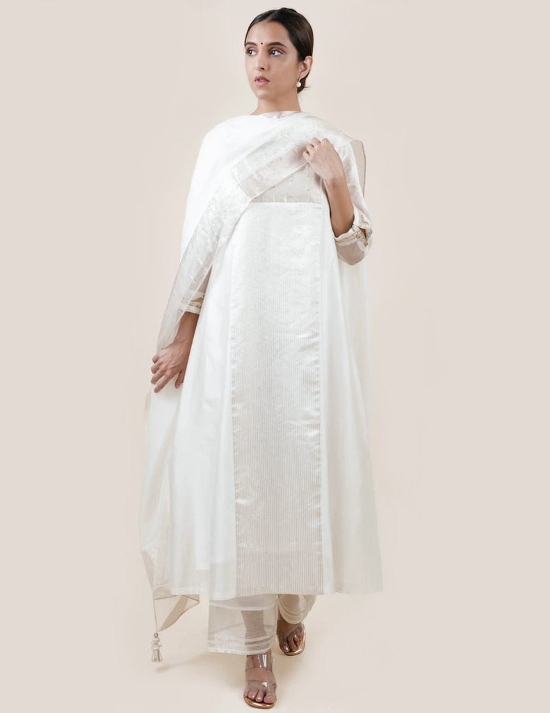 Off White Tissue Stripes/Chanderi Silk - A-line Kurta Set - CiceroniBhavik Shah