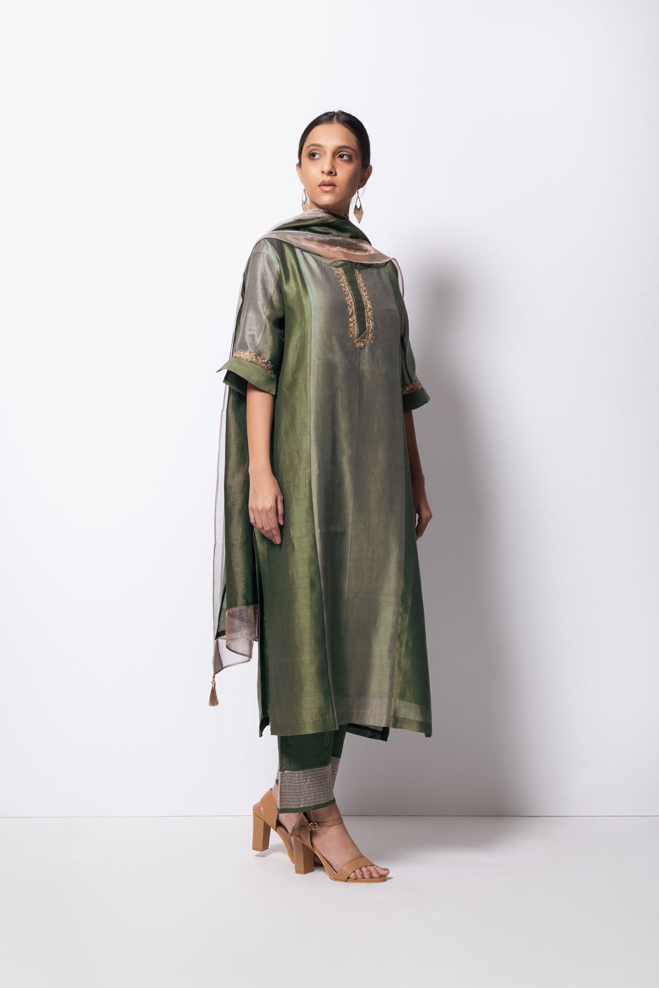 Olive Green Chanderi Silk Panelled Kurta Set with Dupatta - CiceroniBhavik Shah