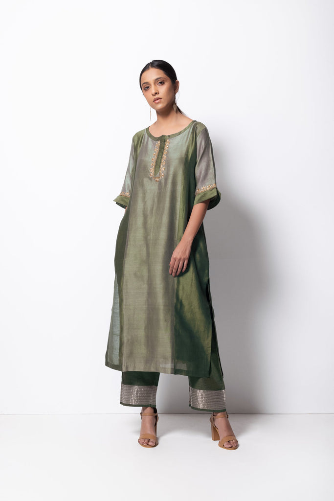 Olive Green Chanderi Silk Panelled Kurta Set with Dupatta - CiceroniBhavik Shah