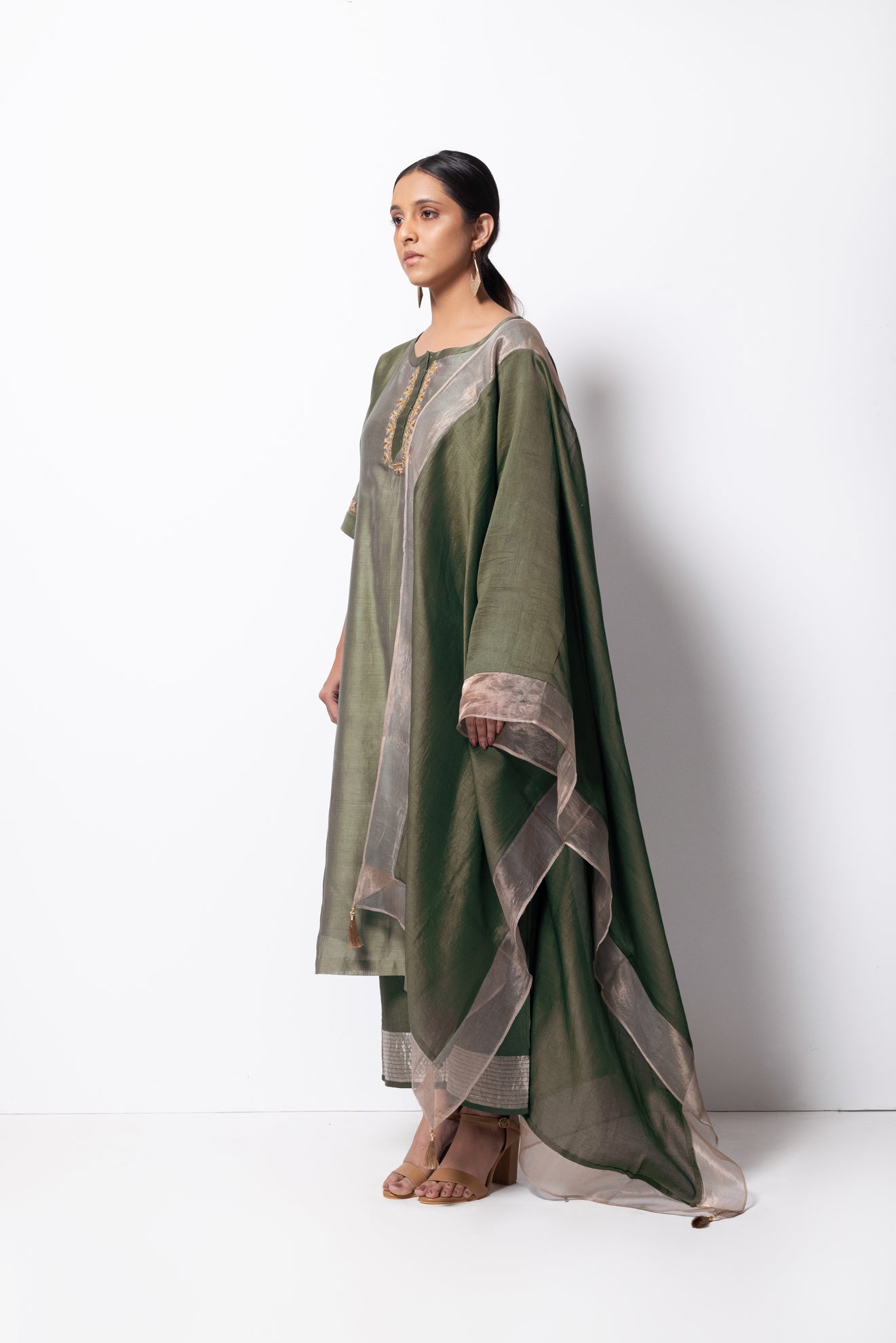 Olive Green Chanderi Silk Panelled Kurta Set with Dupatta - CiceroniBhavik Shah
