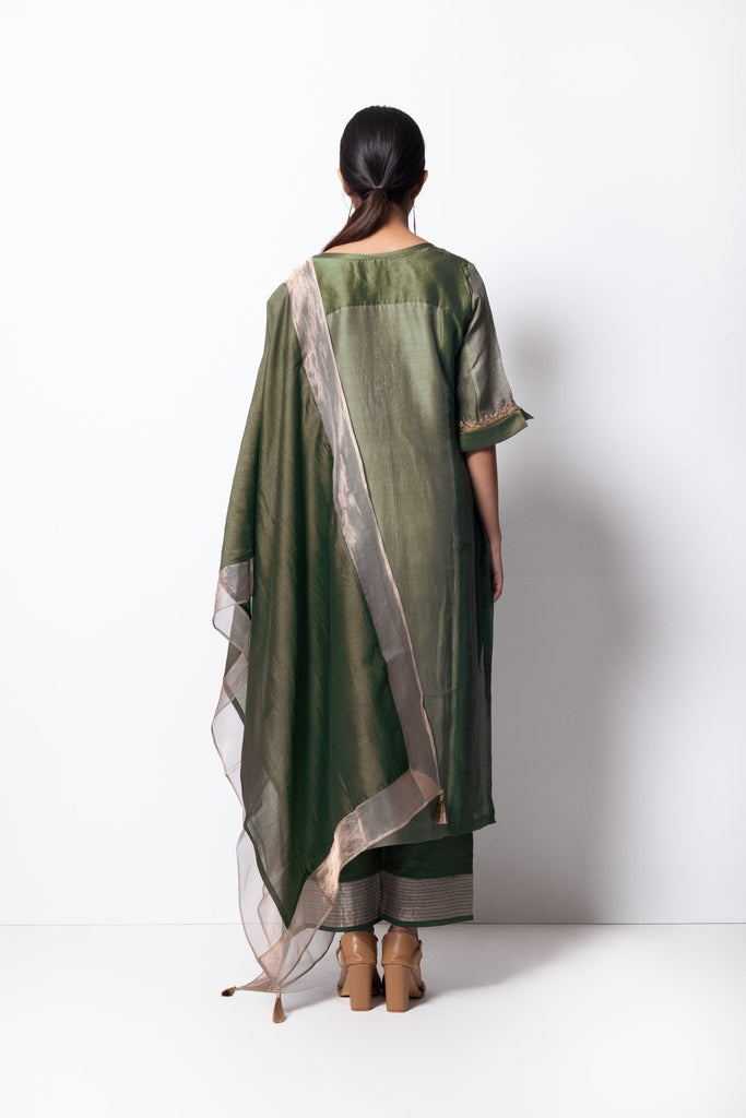 Olive Green Chanderi Silk Panelled Kurta Set with Dupatta - CiceroniBhavik Shah