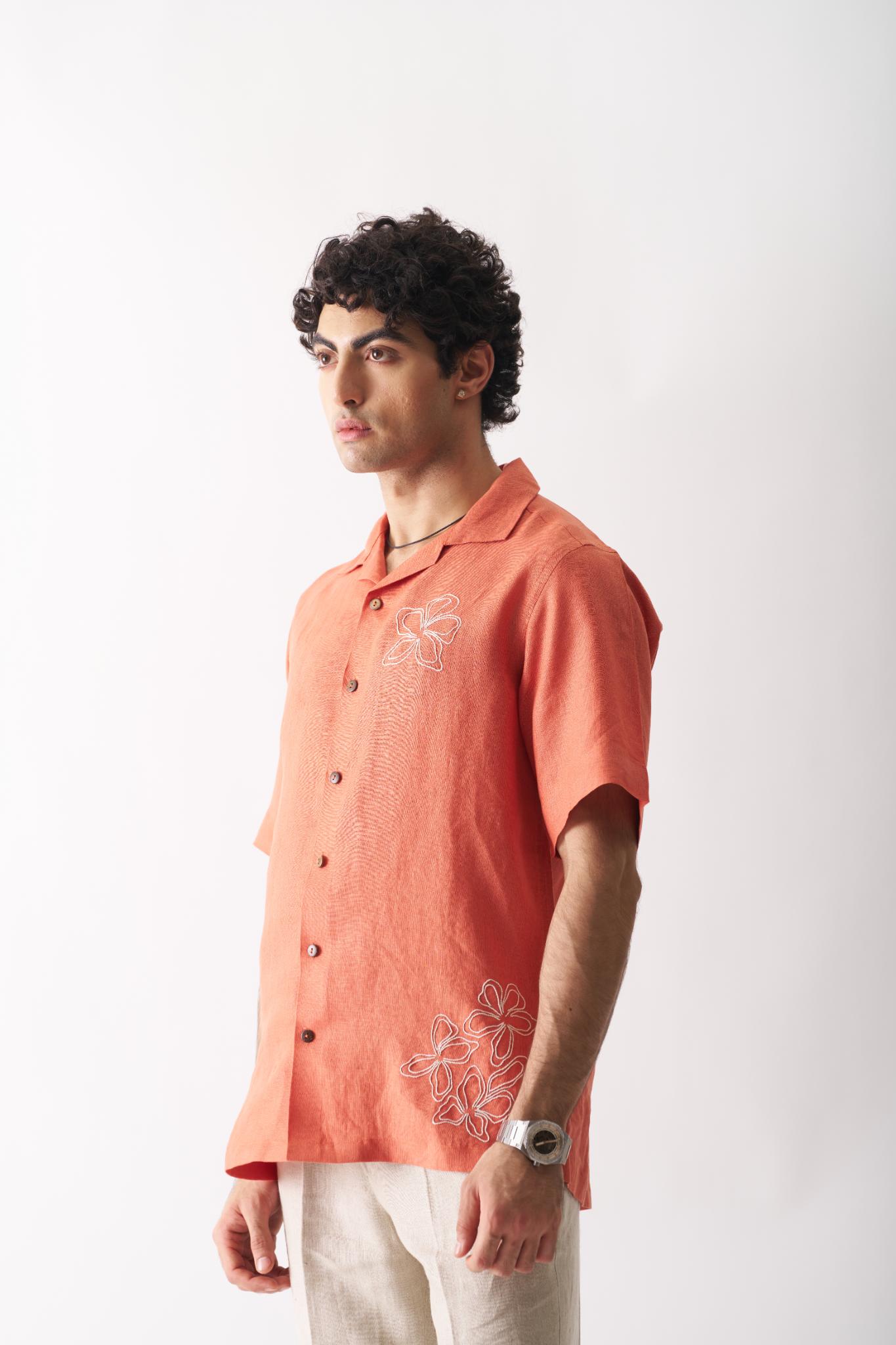 Buy Orange Blossom - Mens Hand Embroidered Pure Linen Shirt Online