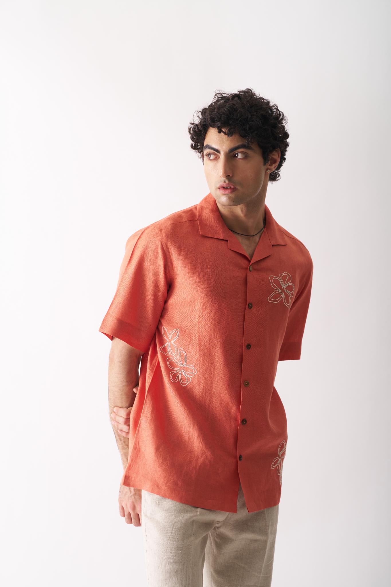 Orange Blossom - Mens Hand Embroidered Pure Linen Shirt - CiceroniShirtsCultura Studio