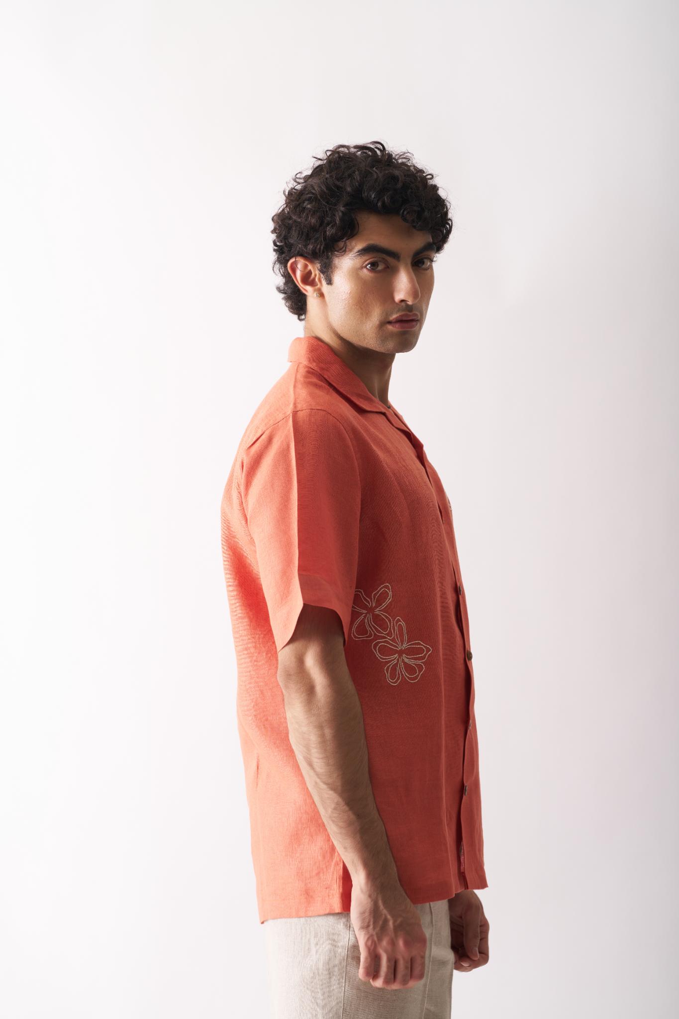 Orange Blossom - Mens Hand Embroidered Pure Linen Shirt - CiceroniShirtsCultura Studio