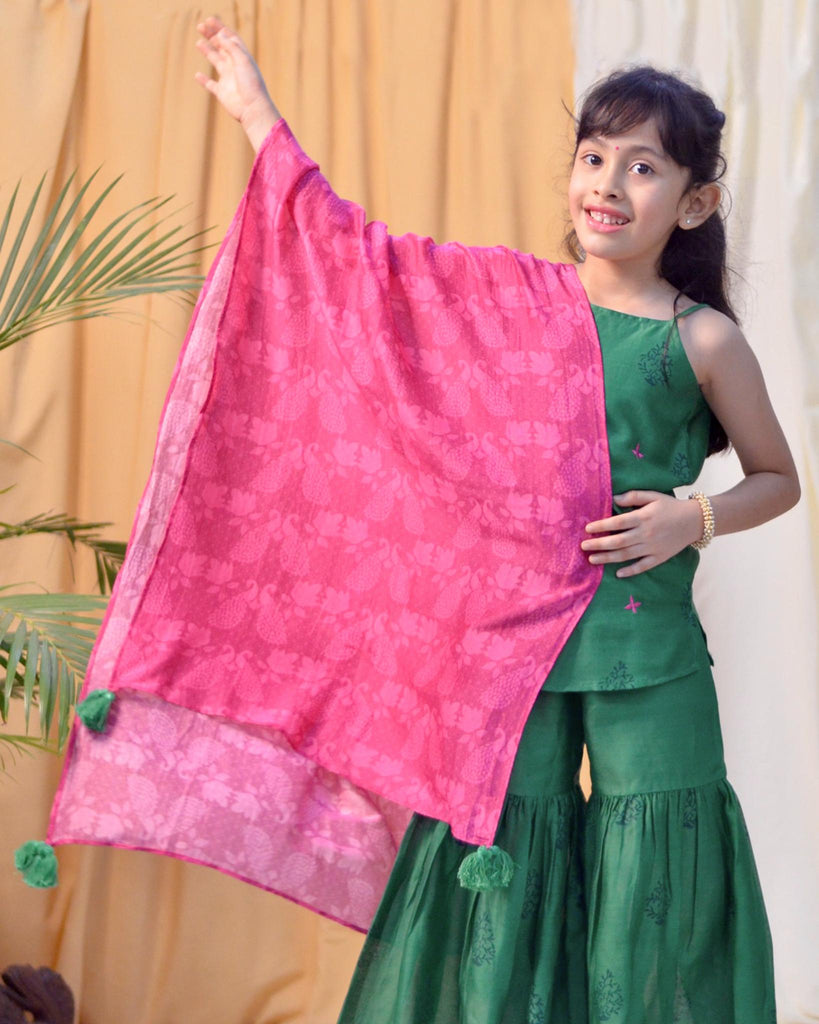 Panna Cotton Silk Chanderi Green Block Printed Sharara Set with Pink Dupatta - CiceroniCo-ord SetMiko Lolo