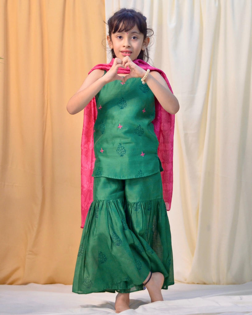 Panna Cotton Silk Chanderi Green Block Printed Sharara Set with Pink Dupatta - CiceroniCo-ord SetMiko Lolo