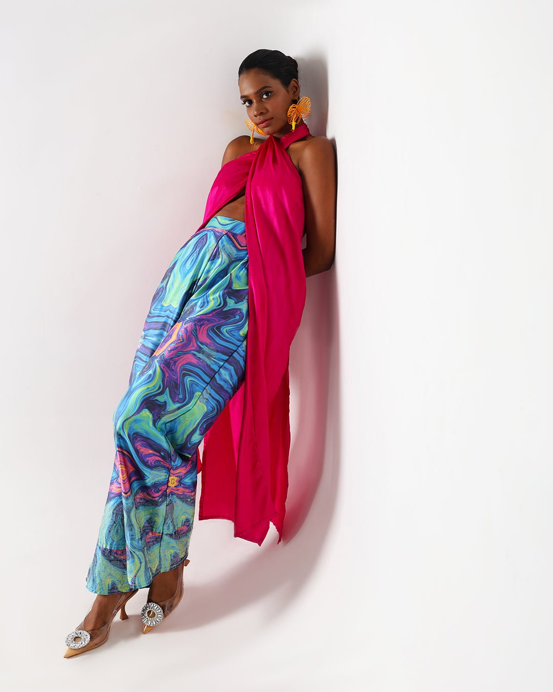 Pink Long Drape Halter Silk Co-Ord Set - CiceroniCo-ord SetShriya Singhi
