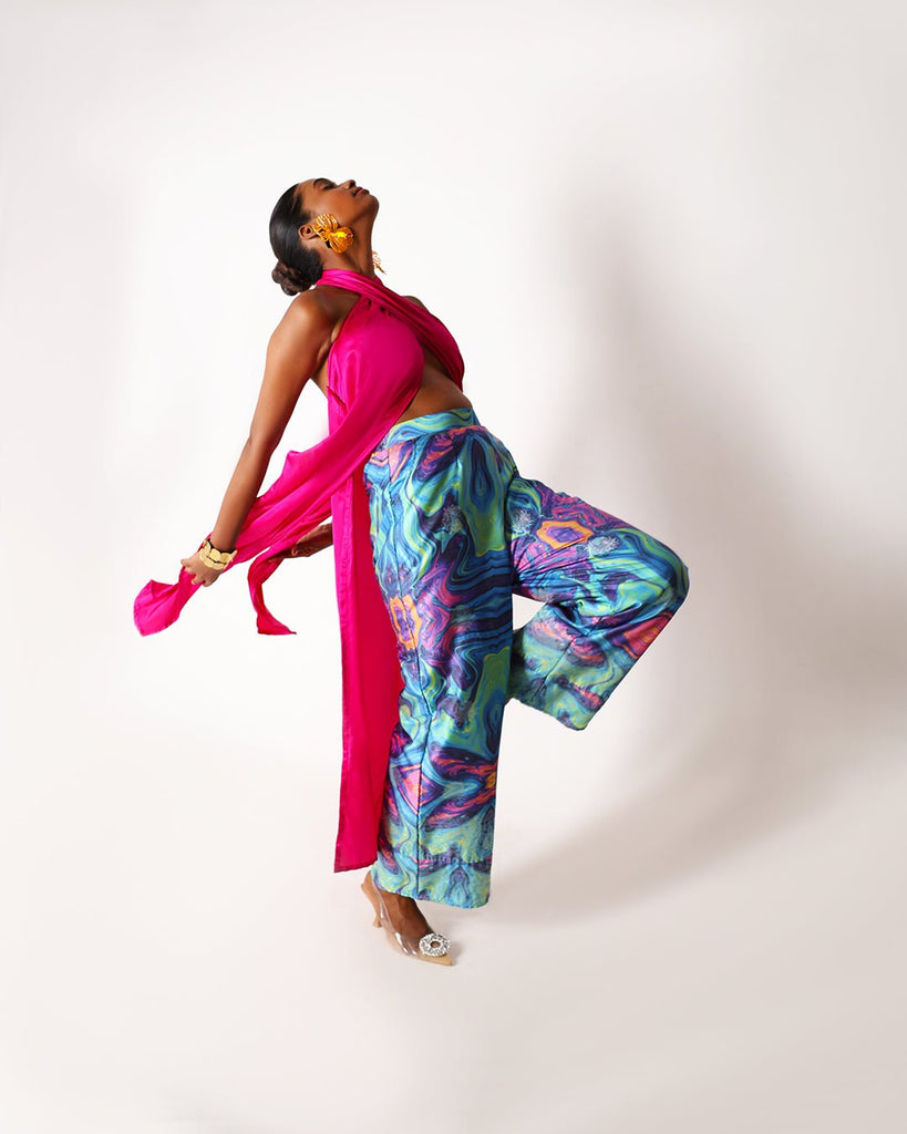 Pink Long Drape Halter Silk Co-Ord Set - CiceroniCo-ord SetShriya Singhi