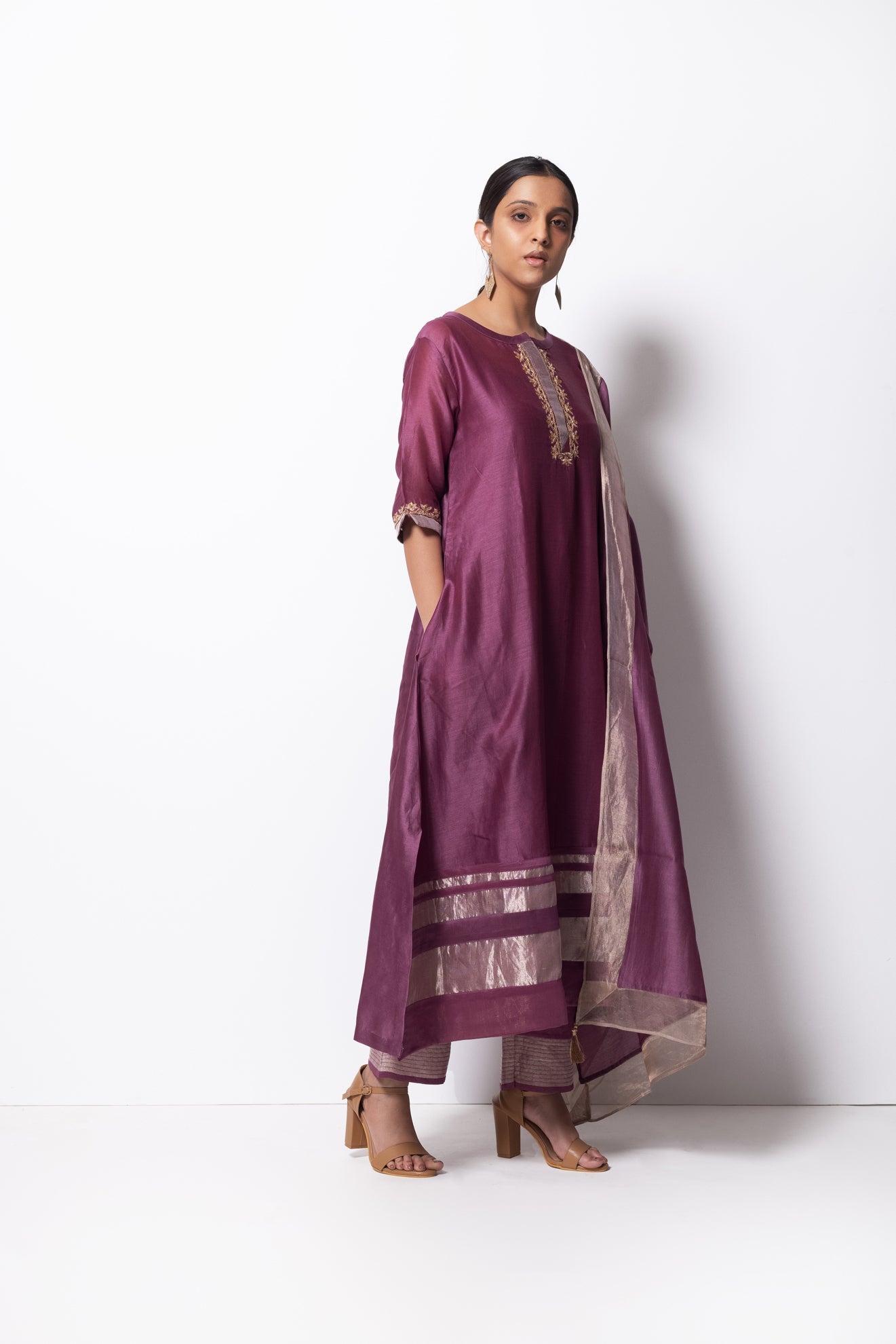 Plum Pink Chanderi Silk Kurta Set with Dupatta - CiceroniBhavik Shah