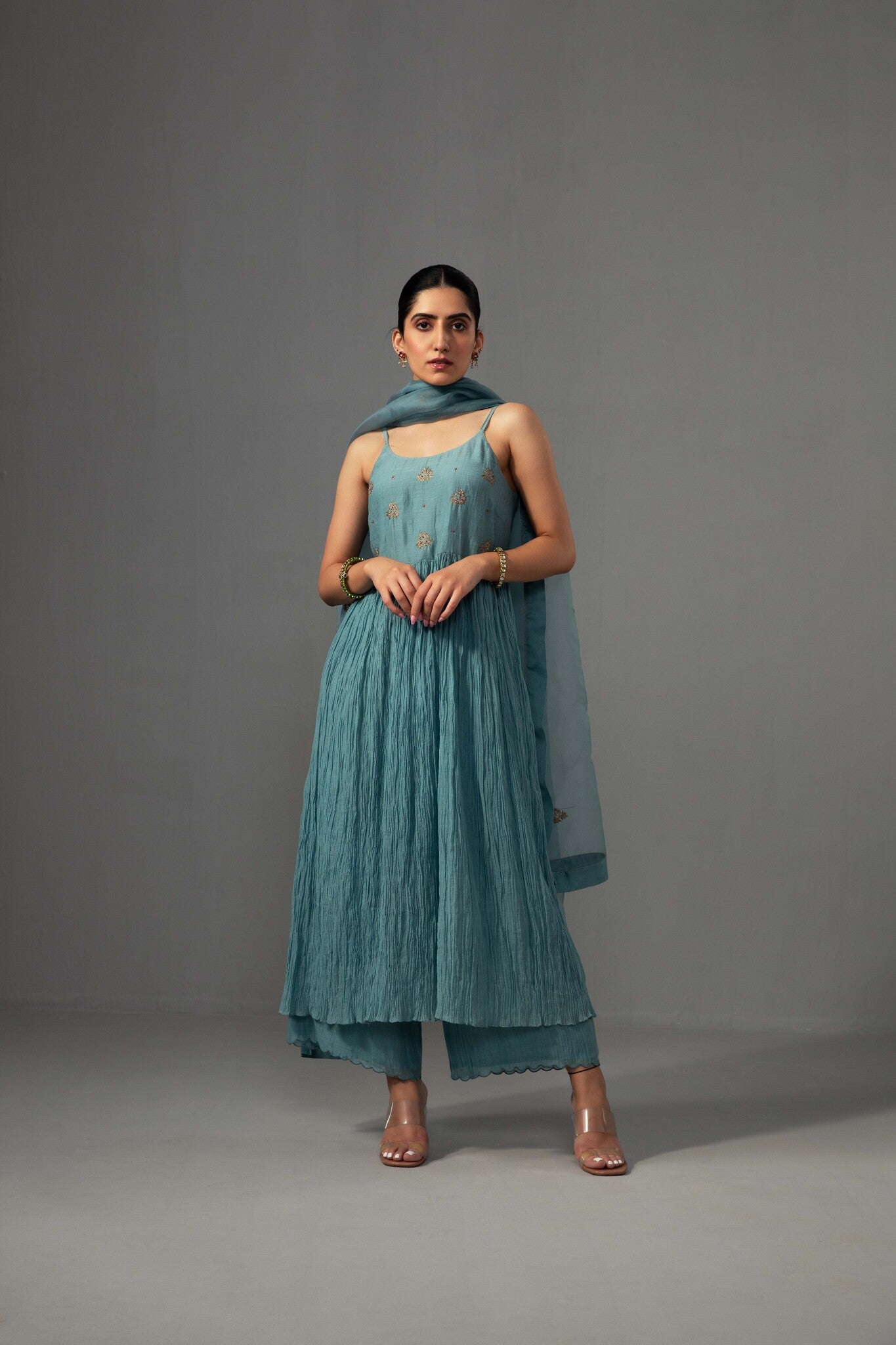 Roomani Ghera Set - Aqua Blue - CiceroniKurta Set, Festive wearLabel Shreya Sharma