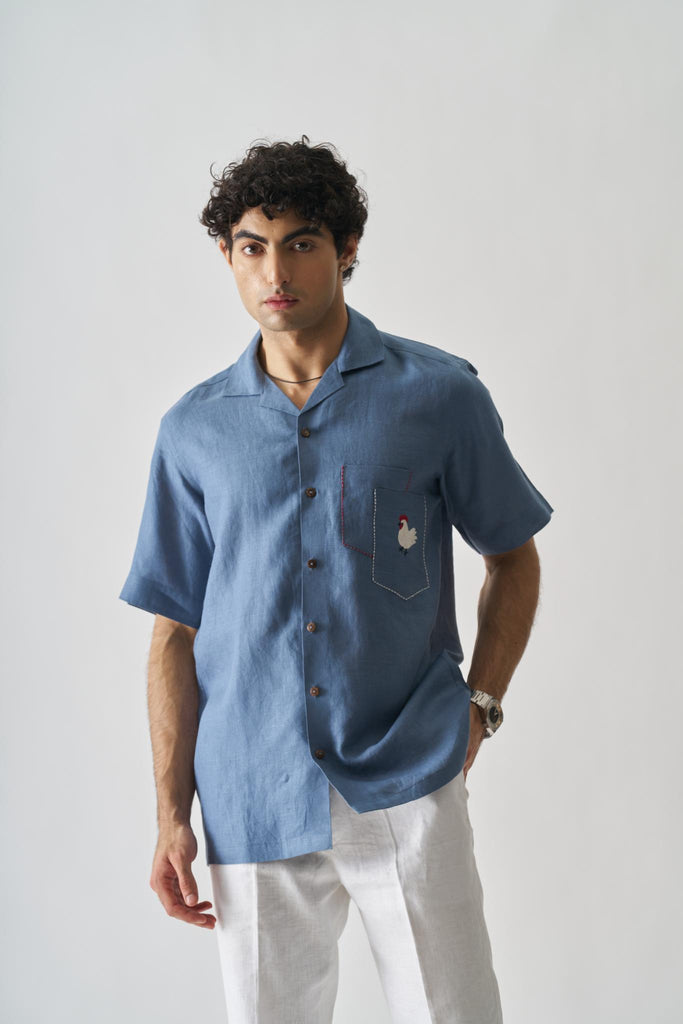 Rooster's Roost - Mens Hand Embroidered Pure Linen Shirt - CiceroniShirtsCultura Studio