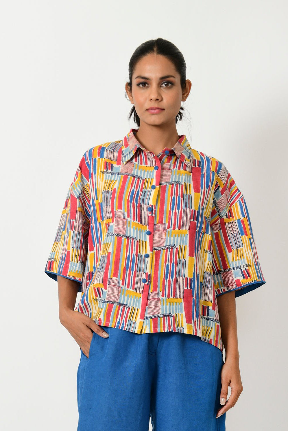 Scribble Hand Block Linen Crop Shirt - CiceroniShirtRias Jaipur