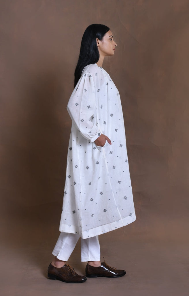 Simone Jamdani Gather Shirt- White - CiceroniShirt, DressHiranya
