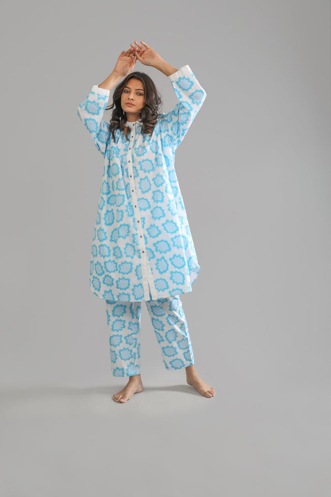 Sky Round neck Long shirt with Bottom - CiceroniKhat
