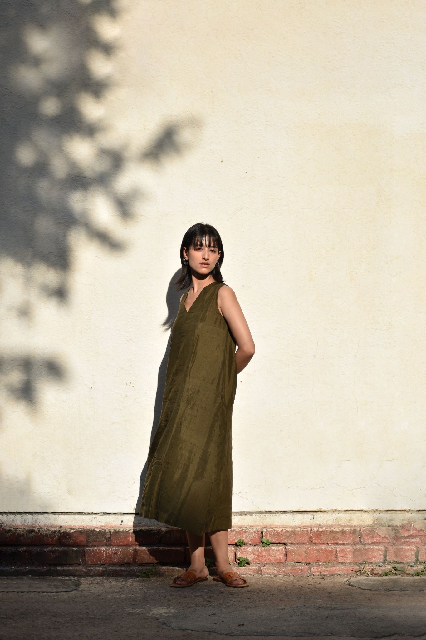 Sleeveless Silk Dress-Olive - CiceroniDresseswith N.