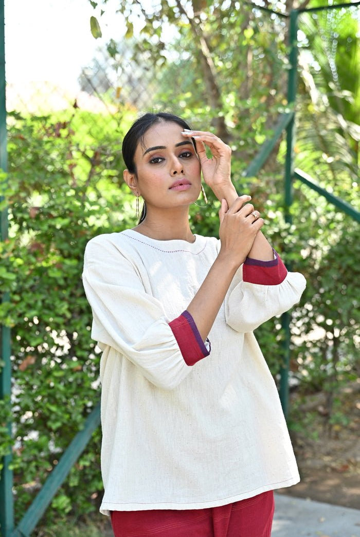 Square Cut with Cuff Sleeve Top - White - CiceroniTopsRang by Rajvi