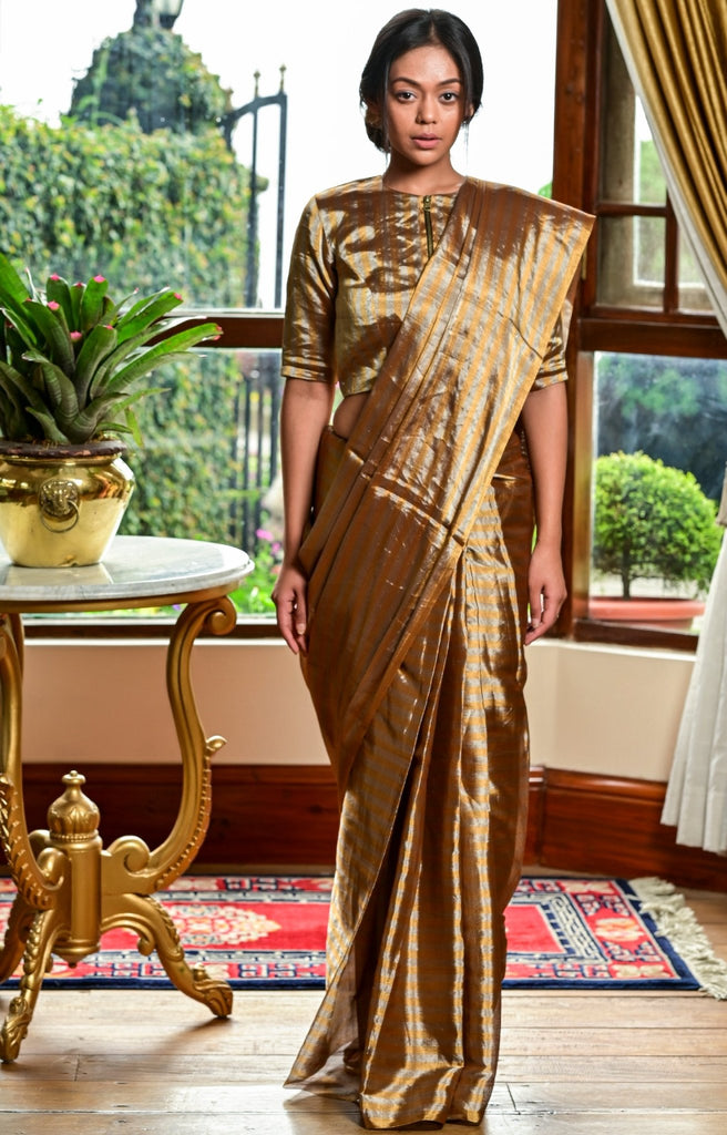 Striped Grey & Antique Gold Tissue Sari - CiceroniSareeHiranya