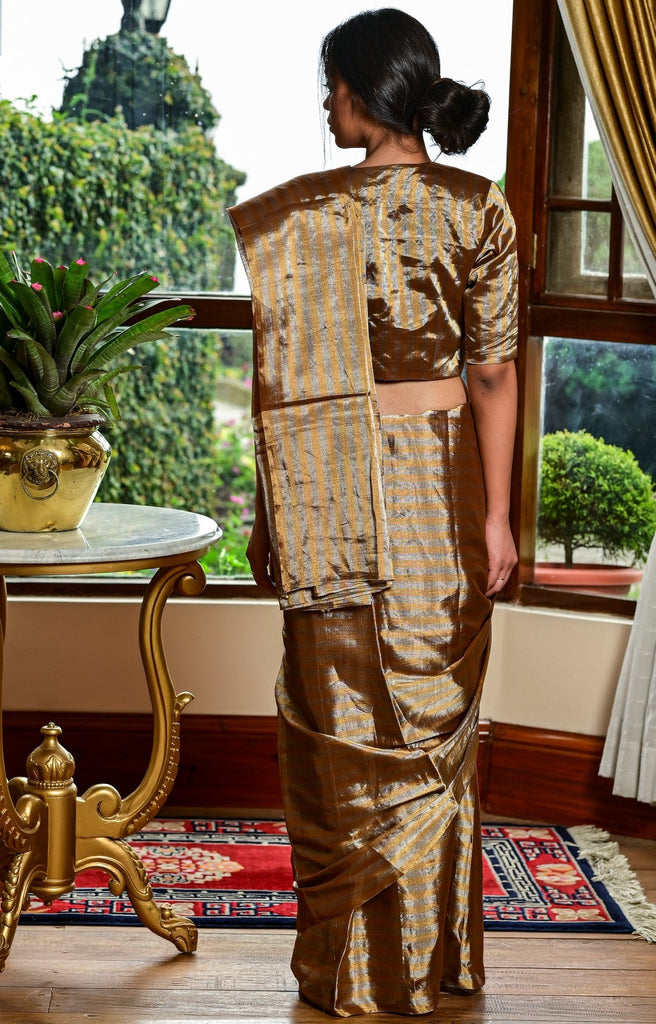 Striped Grey & Antique Gold Tissue Sari - CiceroniSareeHiranya