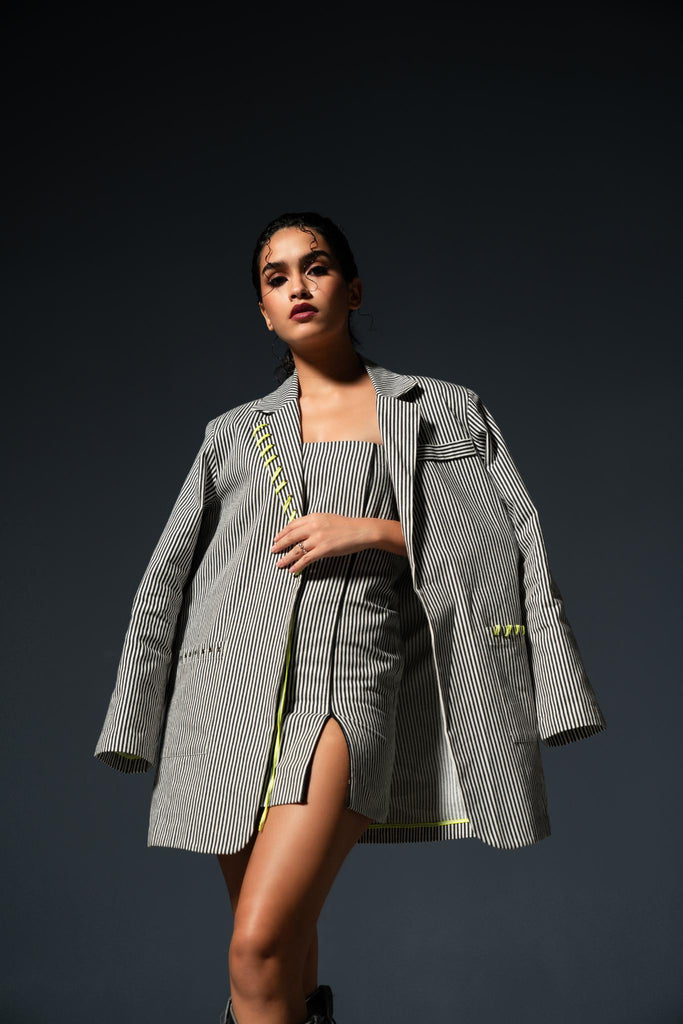 Striped Oversized Blazer With Fitted Short Dress Set - CiceroniCo-ord SetPriyanca Khanna
