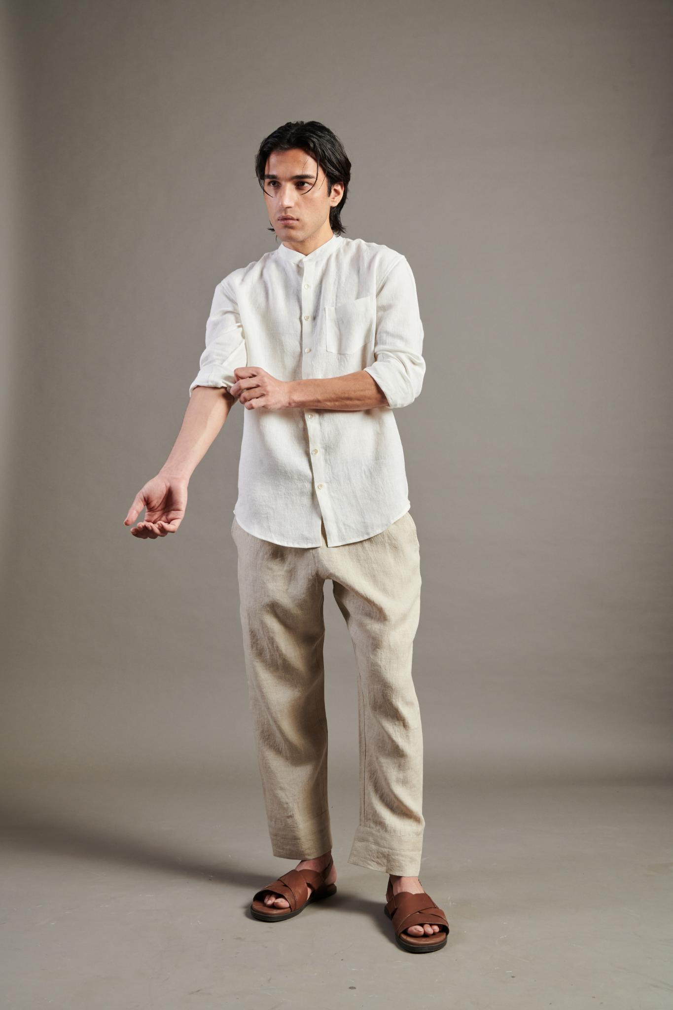 Taj Linen Band Collar Shirt - CiceroniShirtsSaphed