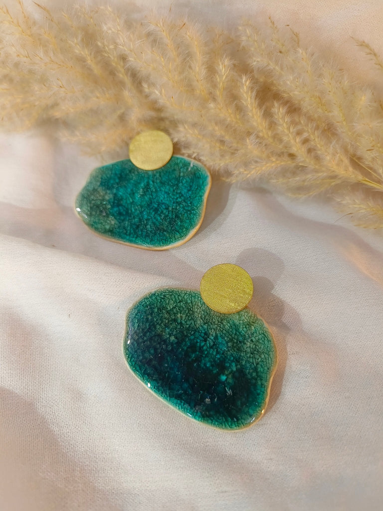 Teal Blue Irregular Ceramic and Brass Earrings - CiceroniEarringsBoundless by Shilpi