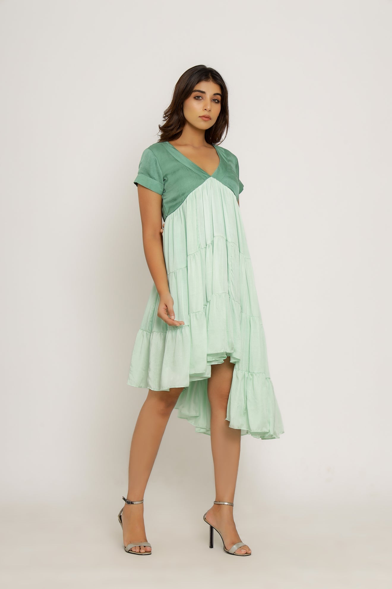 Teal-Tea Green Mid Length Dress - CiceroniNeora