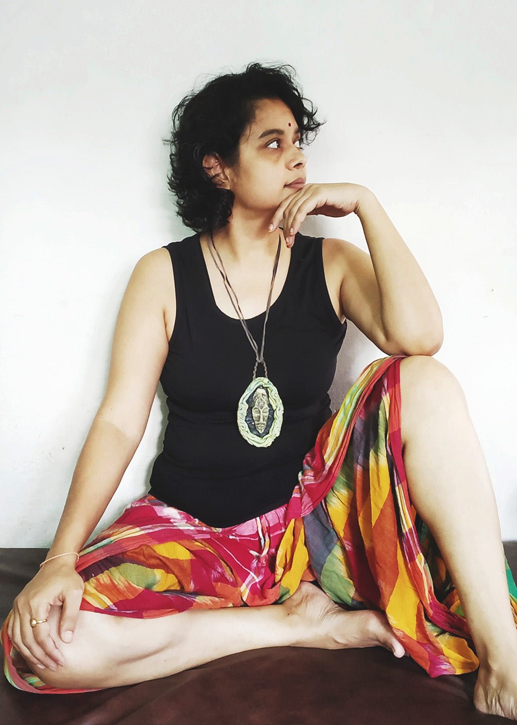 Tribal Lady Mask Pendant - Light Green and Black - CiceroniNeckpieceAranya Earthcraft