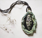 Tribal Lady Mask Pendant - Light Green and Black - CiceroniNeckpieceAranya Earthcraft