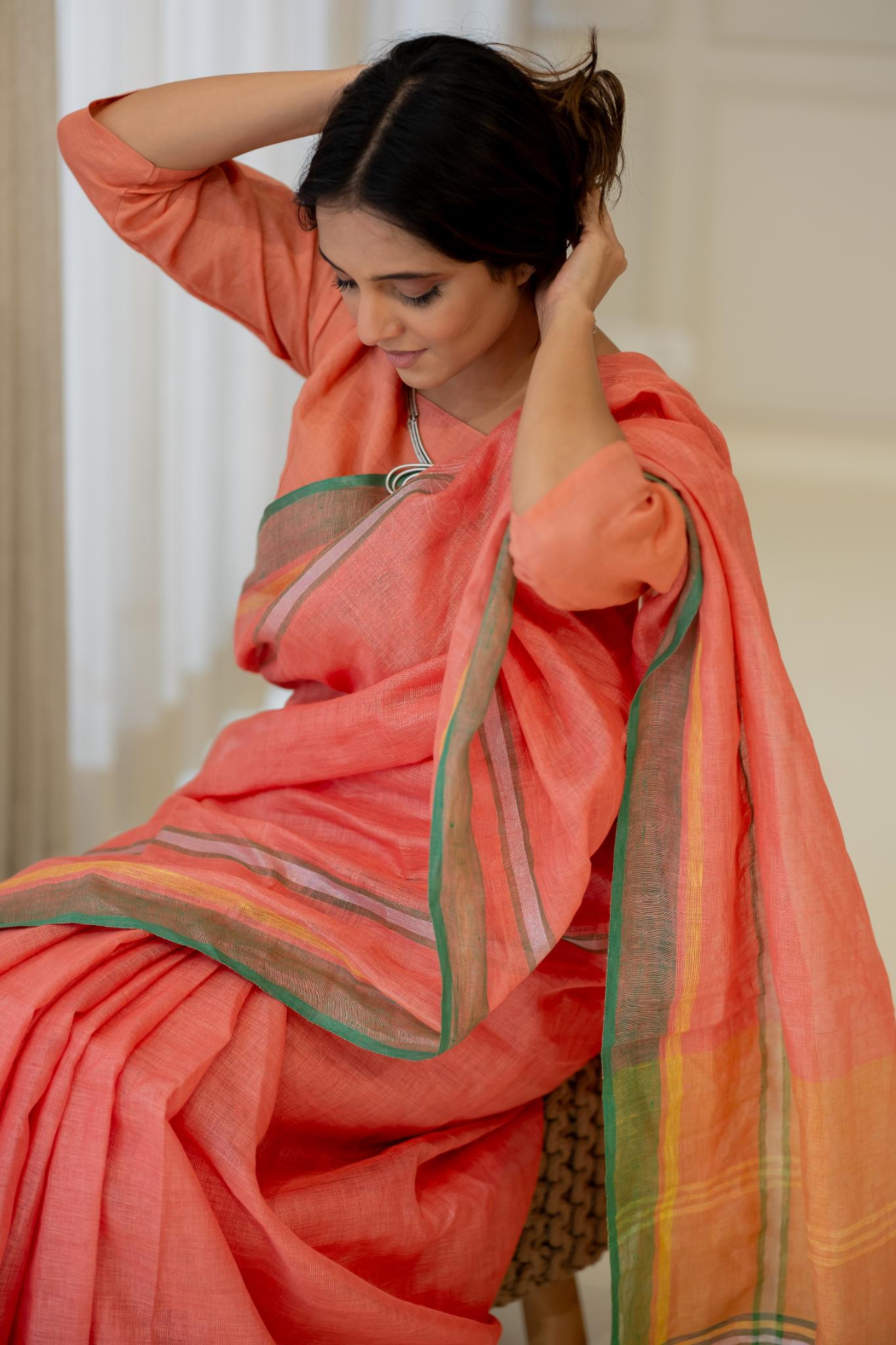 Tropical Apricot Linen Saree - CiceroniSareeSilai Studio