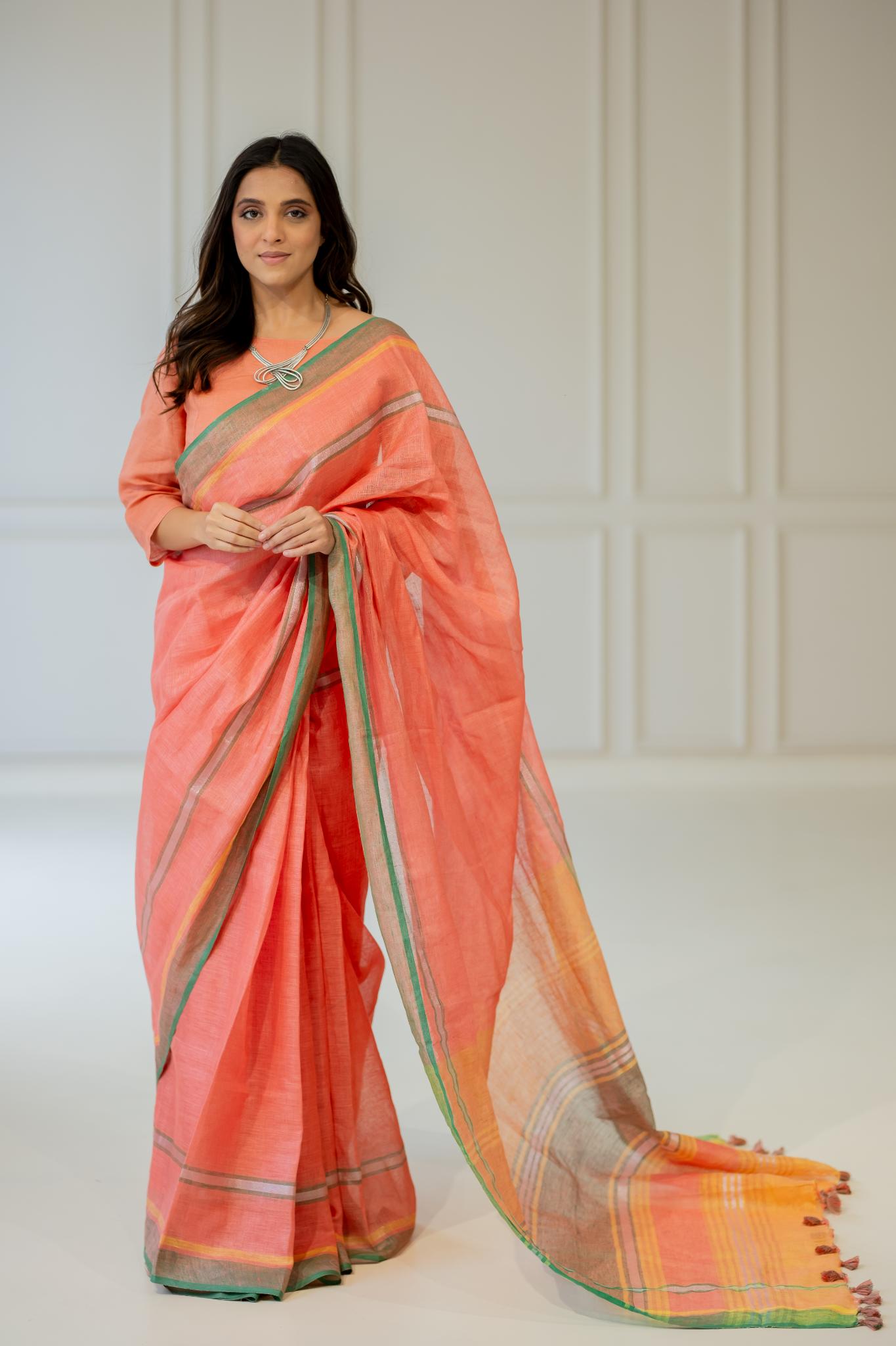 Tropical Apricot Linen Saree - CiceroniSareeSilai Studio