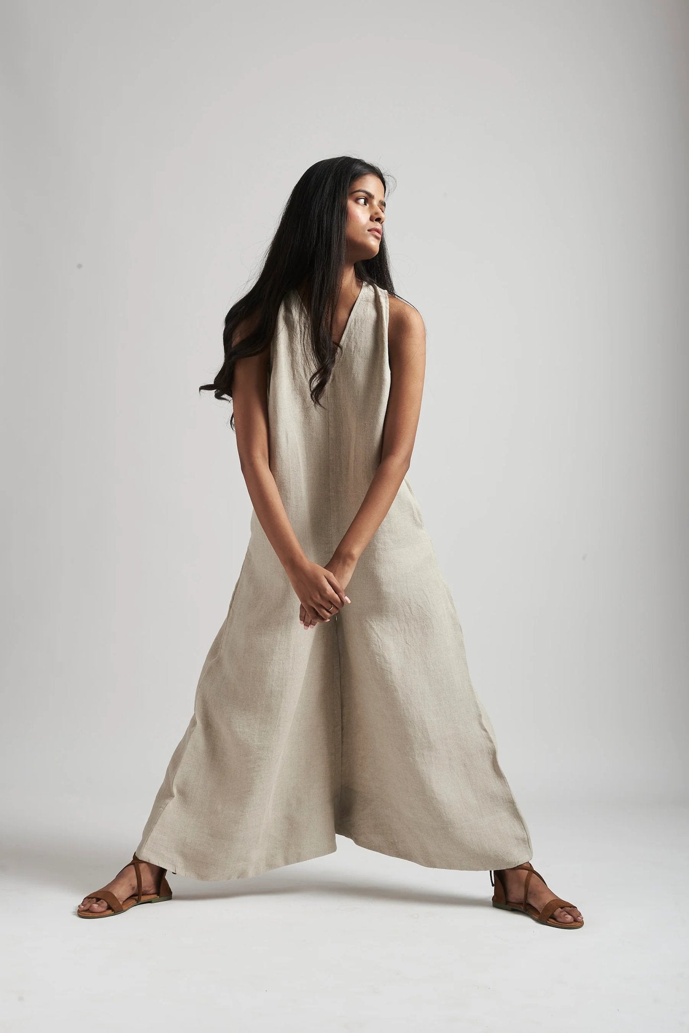 Undyed Linen Flared Jumpsuit - CiceroniJumpsuitSaphed