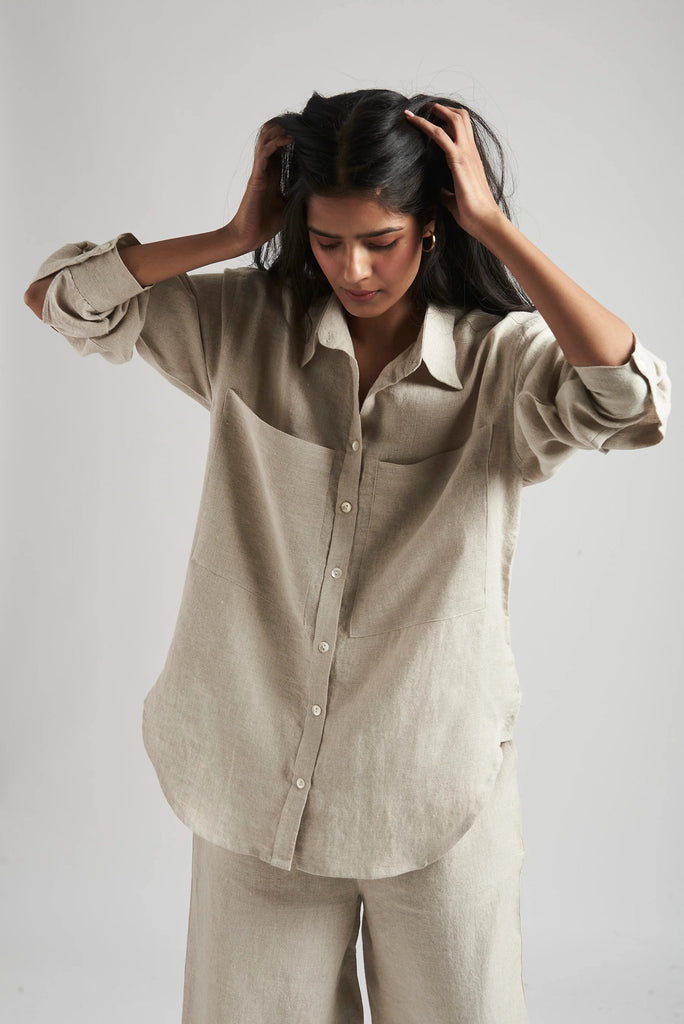 Undyed Linen Oversized Pocket Shirt Set - CiceroniCo-ord SetSaphed