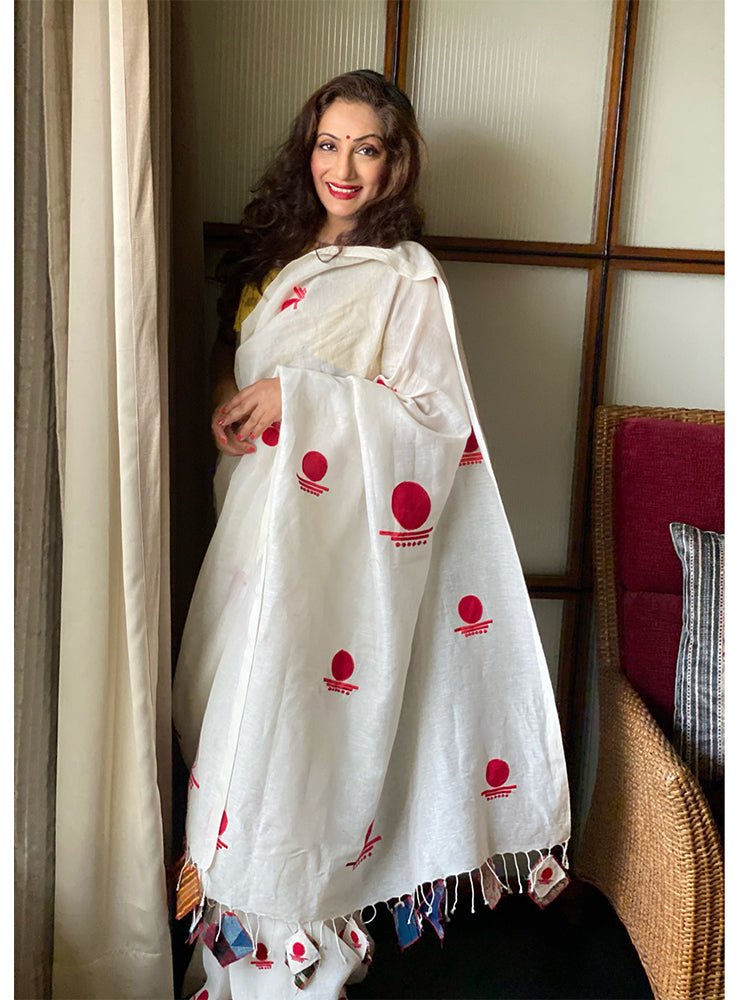 Embroidered Linen Saree in Off White : SYC11238