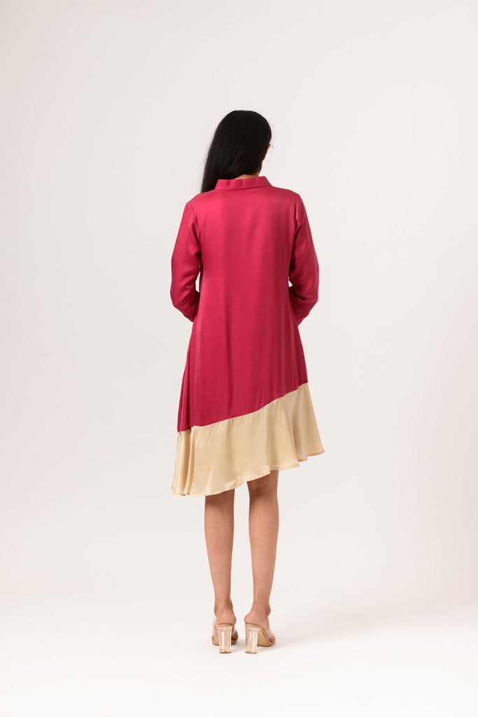 Wine-Ecru Asymmetrical Dress - CiceroniNeora