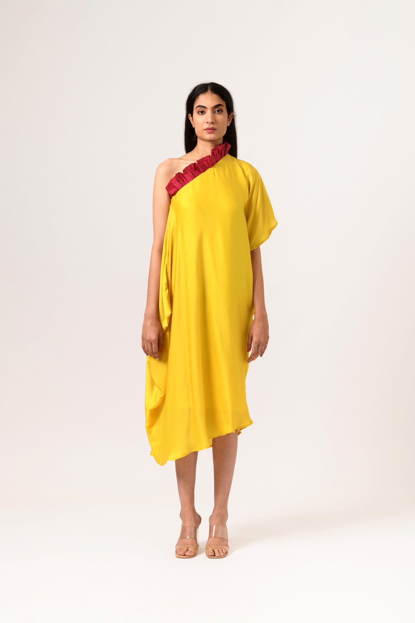 Wine-Yellow One Shoulder Dress - CiceroniNeora