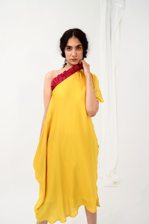 Wine-Yellow One Shoulder Dress - CiceroniNeora